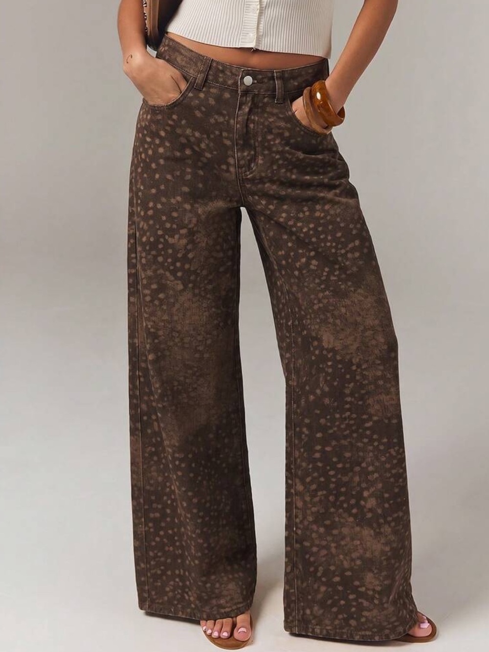 Denim Women's Brown All-Over Print Wide Leg Loose Casual